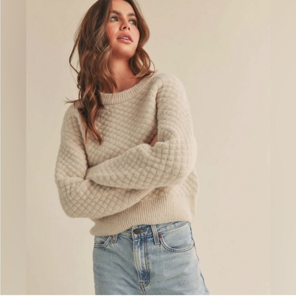 Cozy Cream Quilted Knit Crewneck Sweater